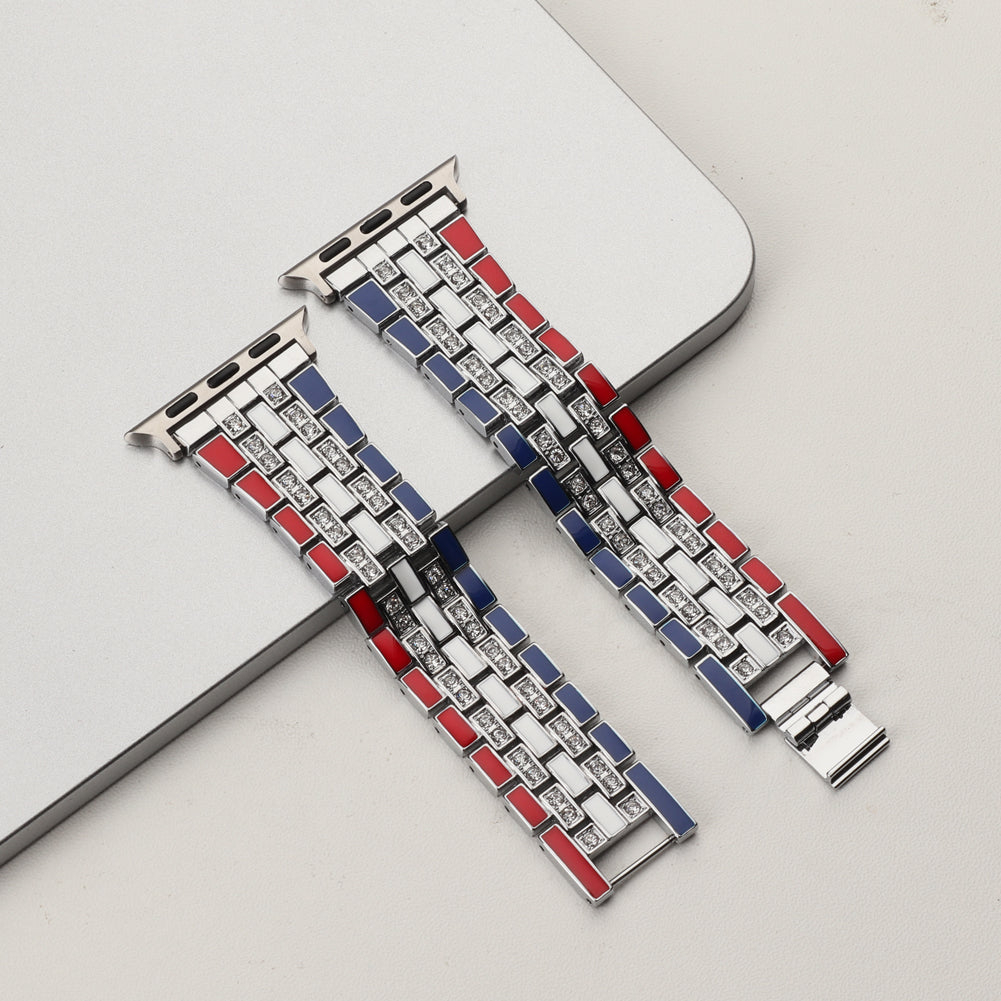 For Apple Watch Series 8 41mm / Series 7 41mm / Series 6 / 5 / 4 / SE / SE(2022) 40mm / Series 3 / 2 / 1 38mm Rhinestone Decor Flag Style Wrist Strap Smart Watch Band - Red / Blue / Silver - UNIQBUY