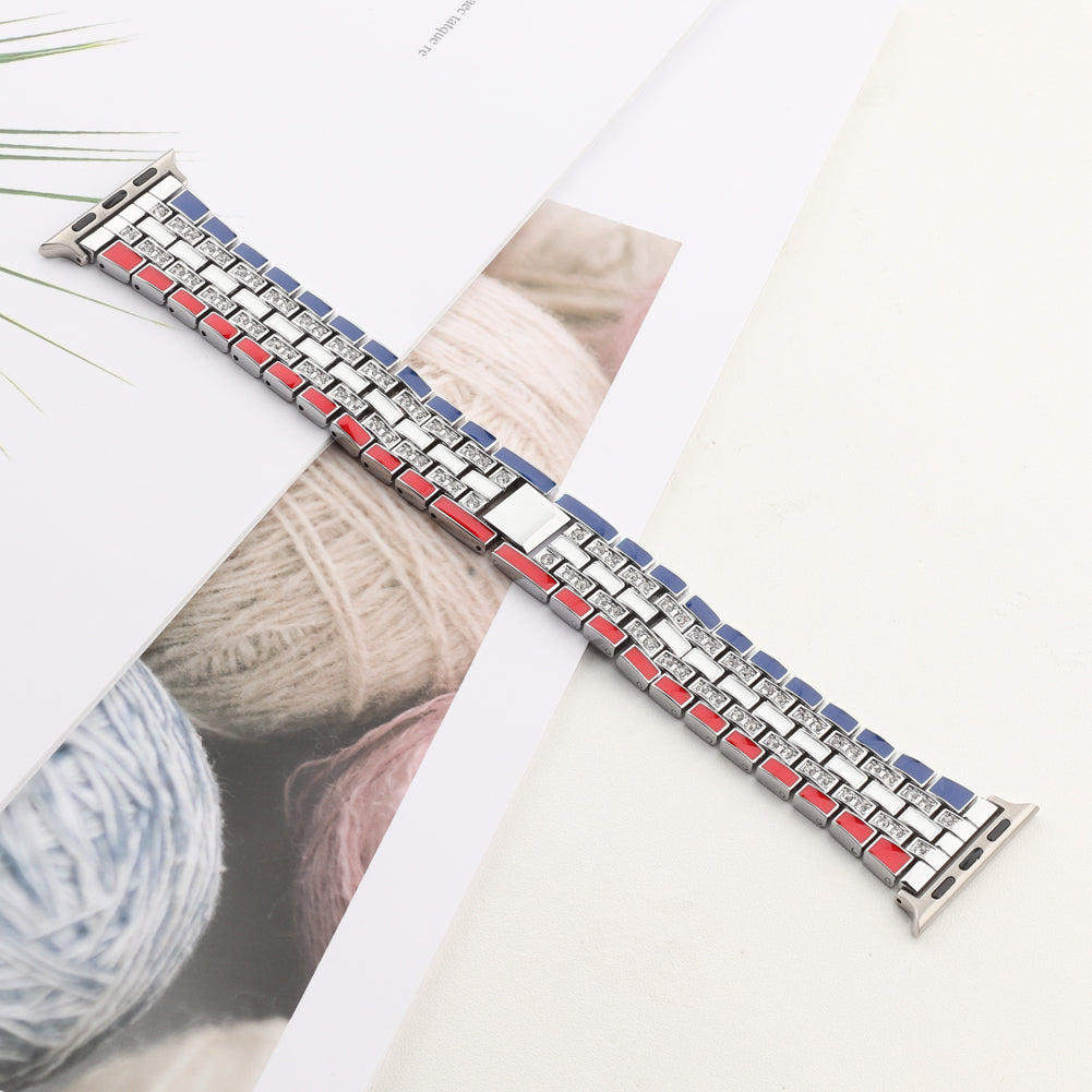 For Apple Watch Series 8 41mm / Series 7 41mm / Series 6 / 5 / 4 / SE / SE(2022) 40mm / Series 3 / 2 / 1 38mm Rhinestone Decor Flag Style Wrist Strap Smart Watch Band - Red / Blue / Silver - UNIQBUY