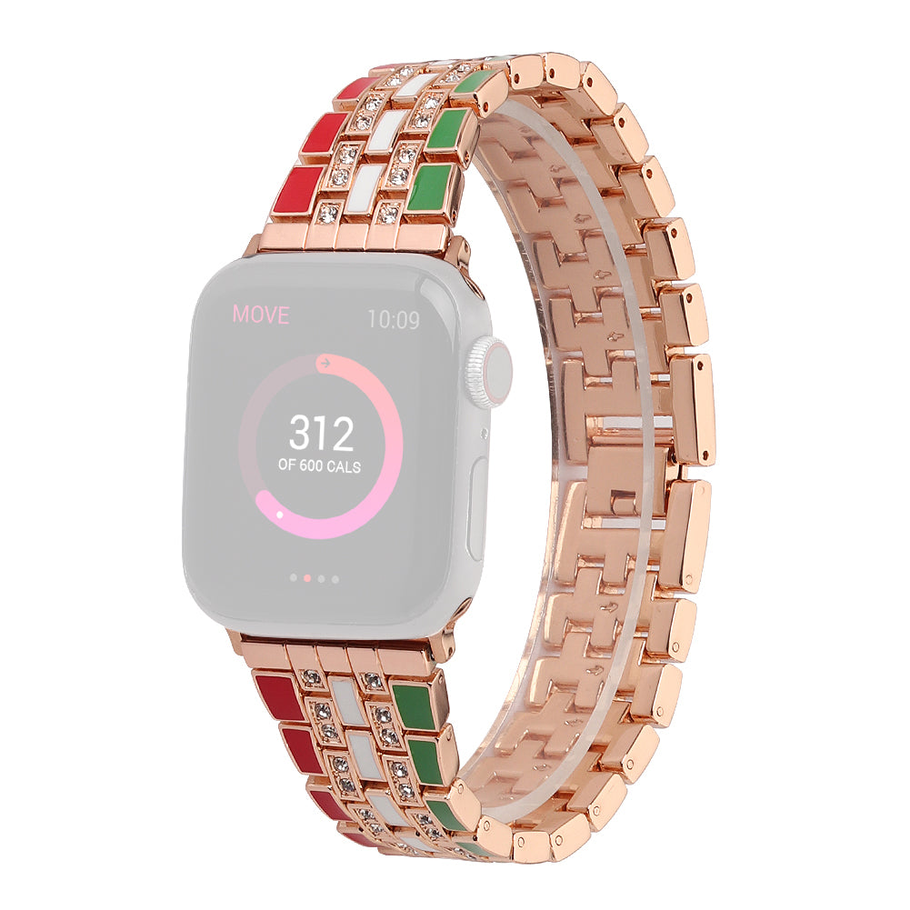 For Apple Watch Series 8 41mm / Series 7 41mm / Series 6 / 5 / 4 / SE / SE(2022) 40mm / Series 3 / 2 / 1 38mm Rhinestone Decor Flag Style Wrist Strap Smart Watch Band - Red / Green / Rose Gold - UNIQBUY