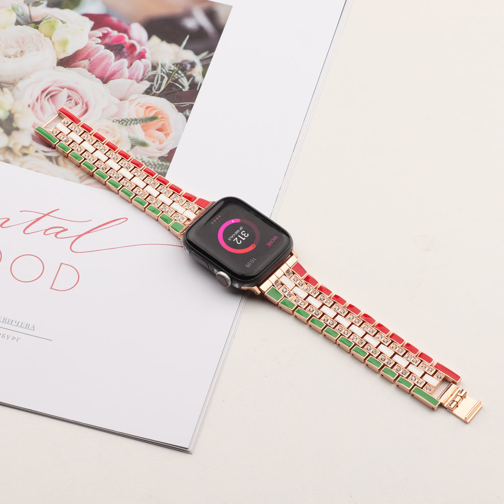 For Apple Watch Series 8 41mm / Series 7 41mm / Series 6 / 5 / 4 / SE / SE(2022) 40mm / Series 3 / 2 / 1 38mm Rhinestone Decor Flag Style Wrist Strap Smart Watch Band - Red / Green / Rose Gold - UNIQBUY