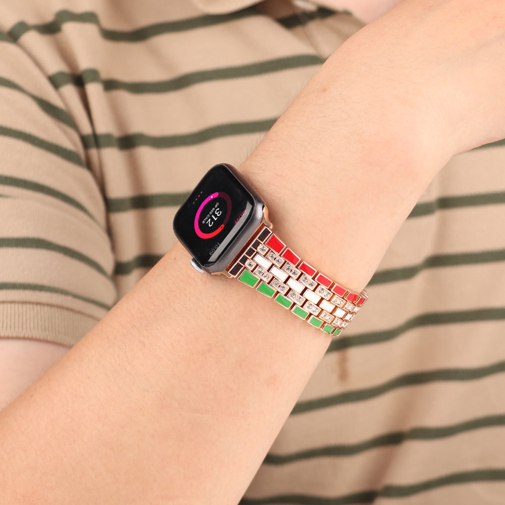 For Apple Watch Series 8 41mm / Series 7 41mm / Series 6 / 5 / 4 / SE / SE(2022) 40mm / Series 3 / 2 / 1 38mm Rhinestone Decor Flag Style Wrist Strap Smart Watch Band - Red / Green / Rose Gold - UNIQBUY