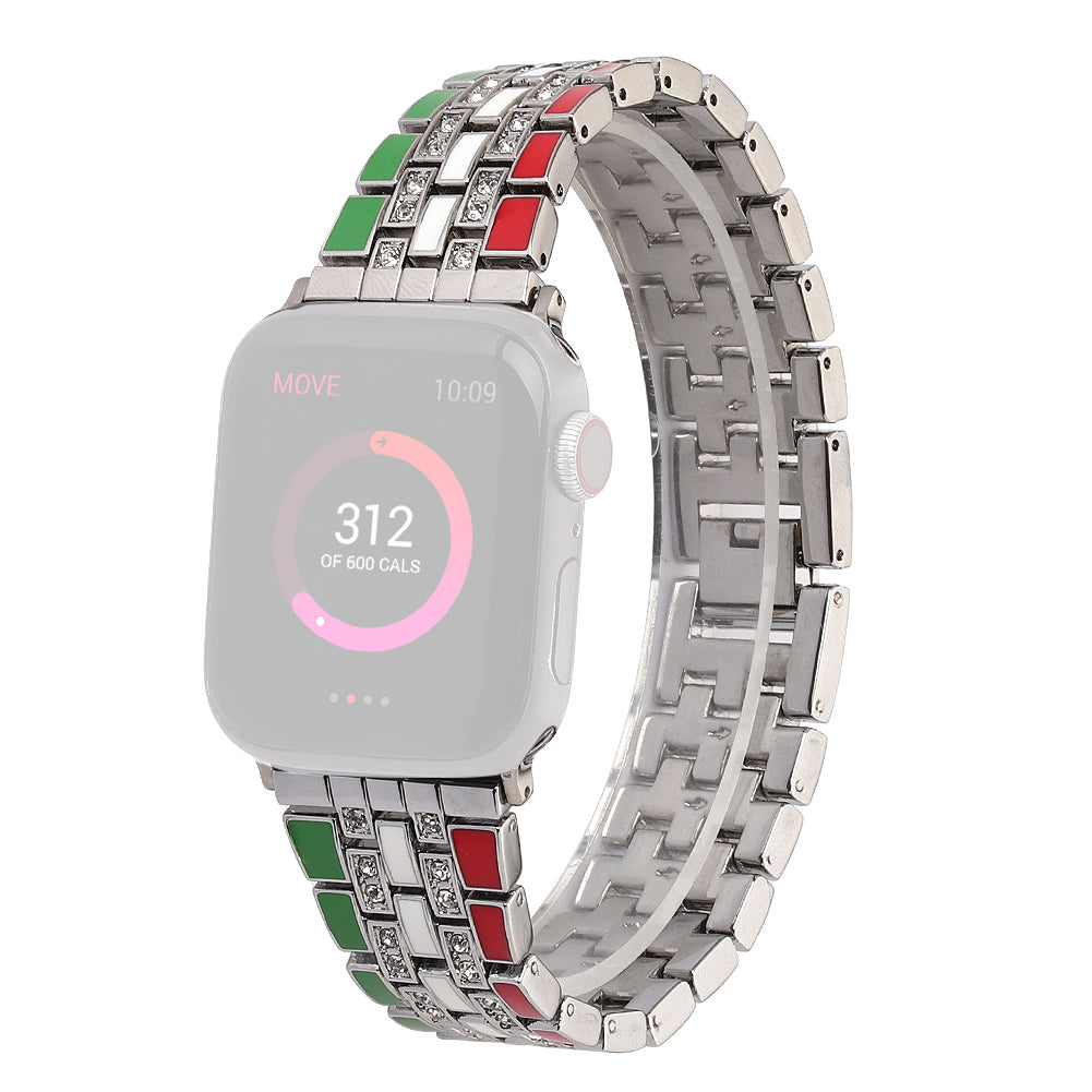 For Apple Watch Series 8 41mm / Series 7 41mm / Series 6 / 5 / 4 / SE / SE(2022) 40mm / Series 3 / 2 / 1 38mm Rhinestone Decor Flag Style Wrist Strap Smart Watch Band - Red / Green / Silver - UNIQBUY