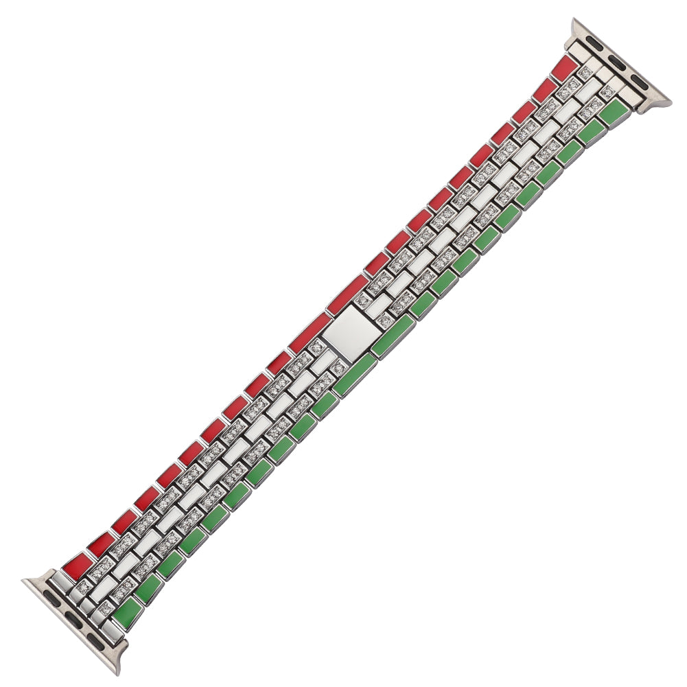 For Apple Watch Series 8 41mm / Series 7 41mm / Series 6 / 5 / 4 / SE / SE(2022) 40mm / Series 3 / 2 / 1 38mm Rhinestone Decor Flag Style Wrist Strap Smart Watch Band - Red / Green / Silver - UNIQBUY