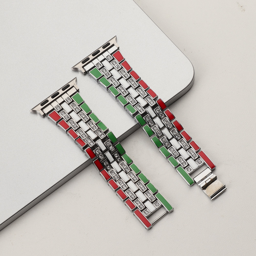For Apple Watch Series 8 41mm / Series 7 41mm / Series 6 / 5 / 4 / SE / SE(2022) 40mm / Series 3 / 2 / 1 38mm Rhinestone Decor Flag Style Wrist Strap Smart Watch Band - Red / Green / Silver - UNIQBUY
