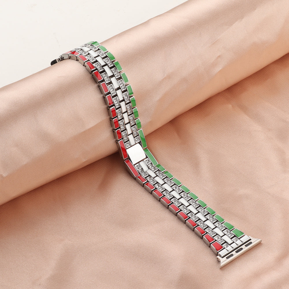For Apple Watch Series 8 41mm / Series 7 41mm / Series 6 / 5 / 4 / SE / SE(2022) 40mm / Series 3 / 2 / 1 38mm Rhinestone Decor Flag Style Wrist Strap Smart Watch Band - Red / Green / Silver - UNIQBUY