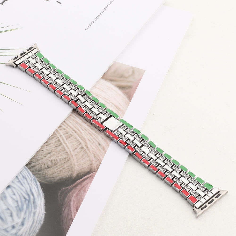 For Apple Watch Series 8 41mm / Series 7 41mm / Series 6 / 5 / 4 / SE / SE(2022) 40mm / Series 3 / 2 / 1 38mm Rhinestone Decor Flag Style Wrist Strap Smart Watch Band - Red / Green / Silver - UNIQBUY