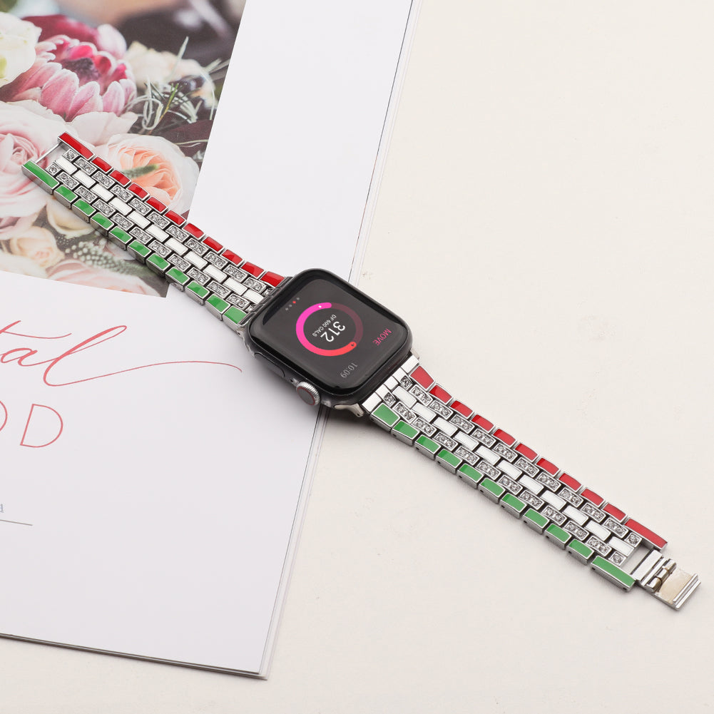 For Apple Watch Series 8 41mm / Series 7 41mm / Series 6 / 5 / 4 / SE / SE(2022) 40mm / Series 3 / 2 / 1 38mm Rhinestone Decor Flag Style Wrist Strap Smart Watch Band - Red / Green / Silver - UNIQBUY