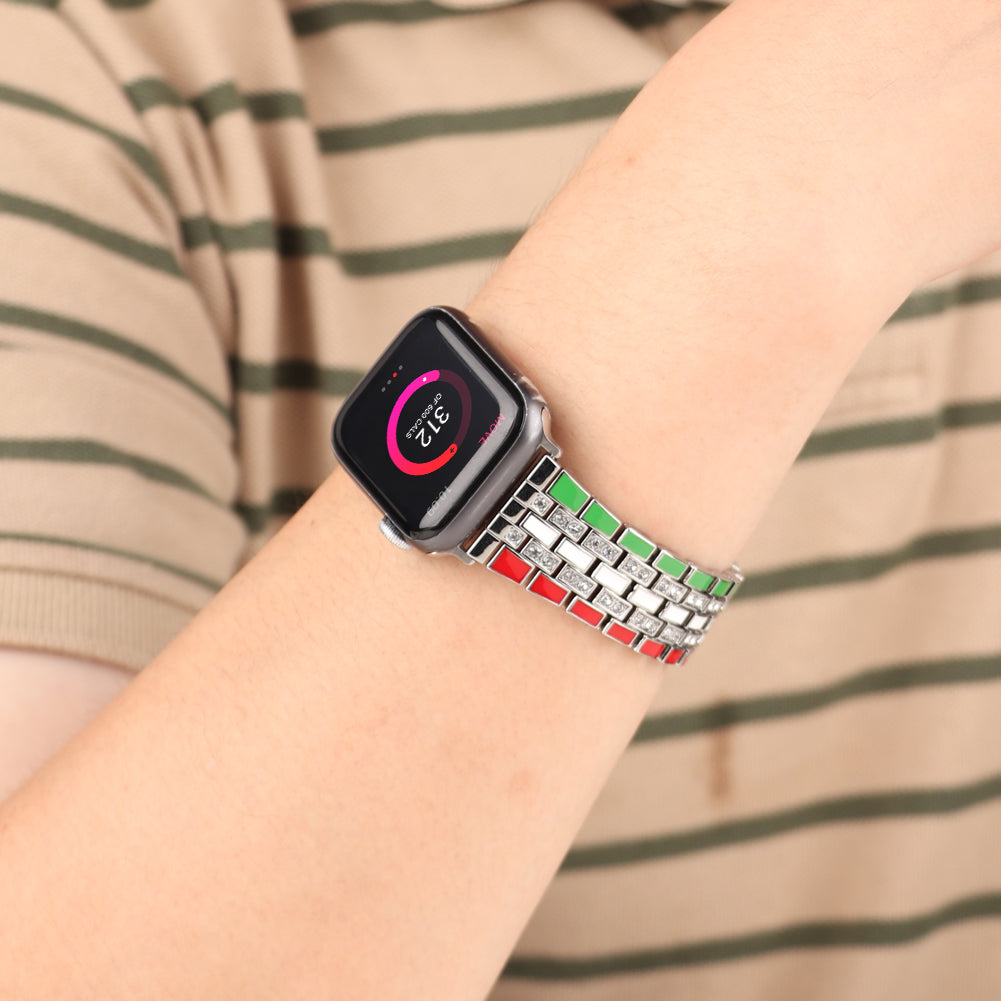 For Apple Watch Series 8 41mm / Series 7 41mm / Series 6 / 5 / 4 / SE / SE(2022) 40mm / Series 3 / 2 / 1 38mm Rhinestone Decor Flag Style Wrist Strap Smart Watch Band - Red / Green / Silver - UNIQBUY