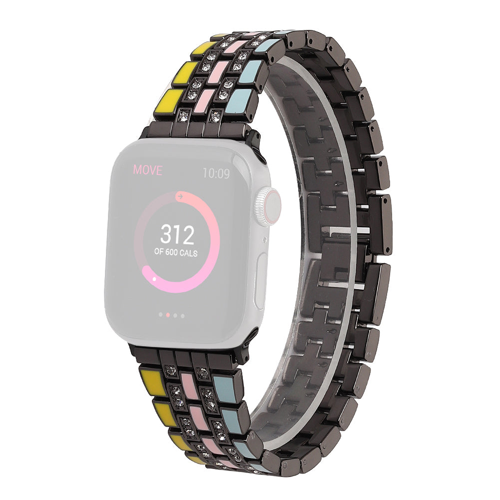 For Apple Watch Series 8 41mm / Series 7 41mm / Series 6 / 5 / 4 / SE / SE(2022) 40mm / Series 3 / 2 / 1 38mm Rhinestone Decor Flag Style Wrist Strap Smart Watch Band - Yellow / Blue / Black - UNIQBUY