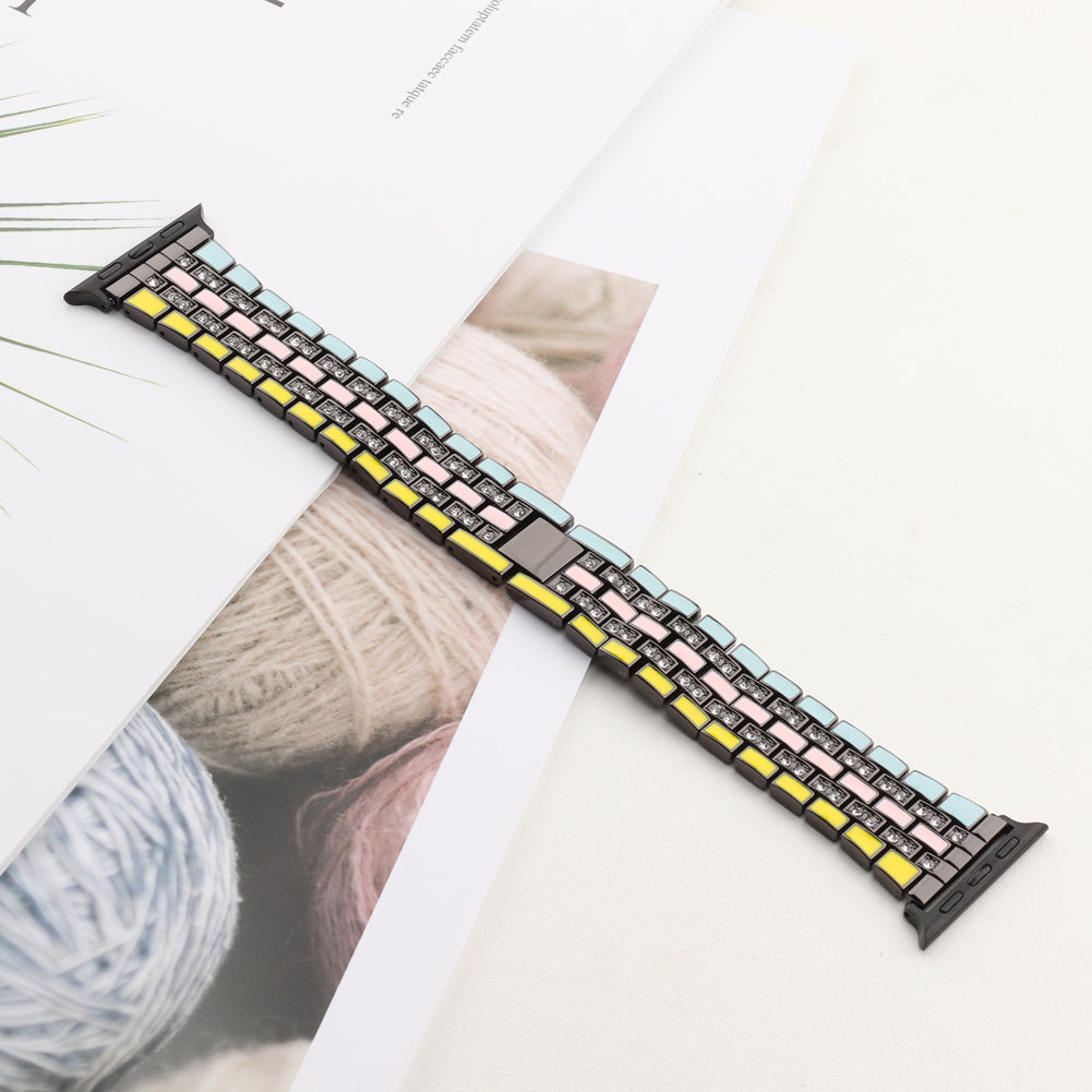 For Apple Watch Series 8 41mm / Series 7 41mm / Series 6 / 5 / 4 / SE / SE(2022) 40mm / Series 3 / 2 / 1 38mm Rhinestone Decor Flag Style Wrist Strap Smart Watch Band - Yellow / Blue / Black - UNIQBUY