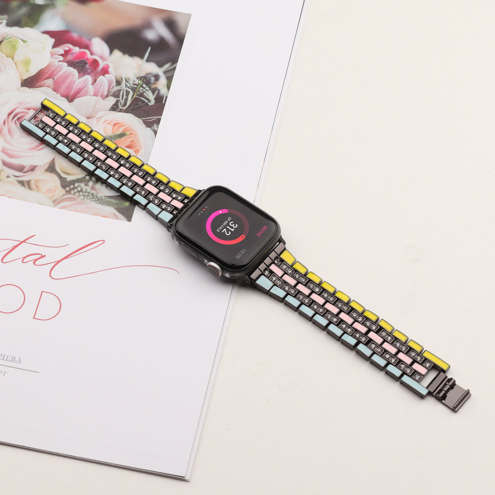 For Apple Watch Series 8 41mm / Series 7 41mm / Series 6 / 5 / 4 / SE / SE(2022) 40mm / Series 3 / 2 / 1 38mm Rhinestone Decor Flag Style Wrist Strap Smart Watch Band - Yellow / Blue / Black - UNIQBUY