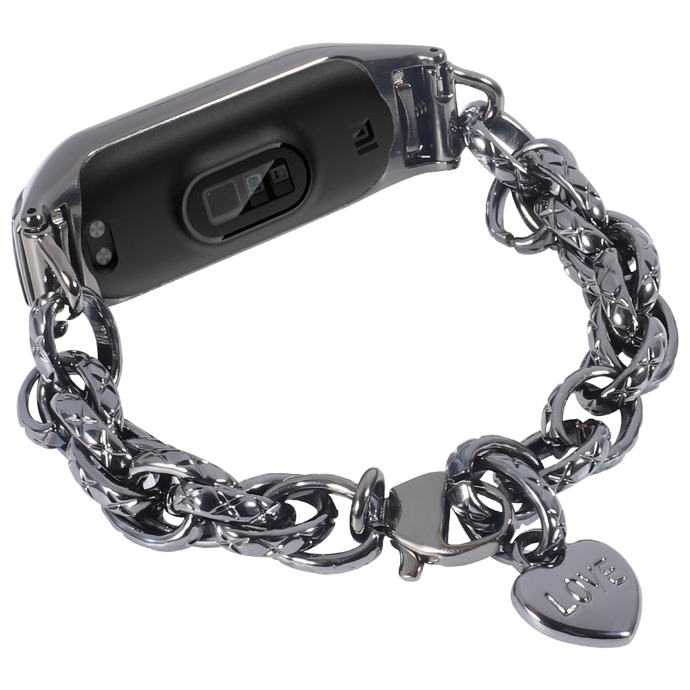 For Xiaomi Mi Band 5/Mi Band 6 Stainless Steel Heart-shaped Pendant Wrist Bracelet Watch Band Replacement Strap - Black - UNIQBUY
