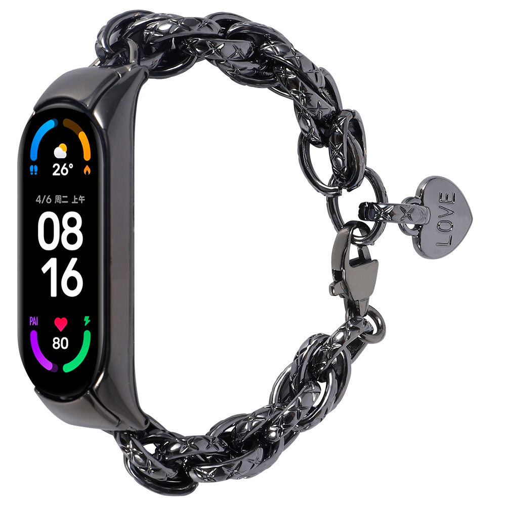 For Xiaomi Mi Band 5/Mi Band 6 Stainless Steel Heart-shaped Pendant Wrist Bracelet Watch Band Replacement Strap - Black - UNIQBUY