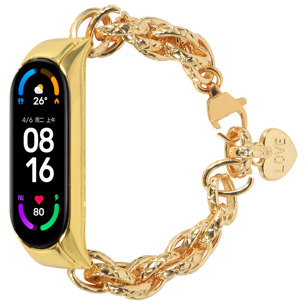 For Xiaomi Mi Band 5/Mi Band 6 Stainless Steel Heart-shaped Pendant Wrist Bracelet Watch Band Replacement Strap - Gold - UNIQBUY
