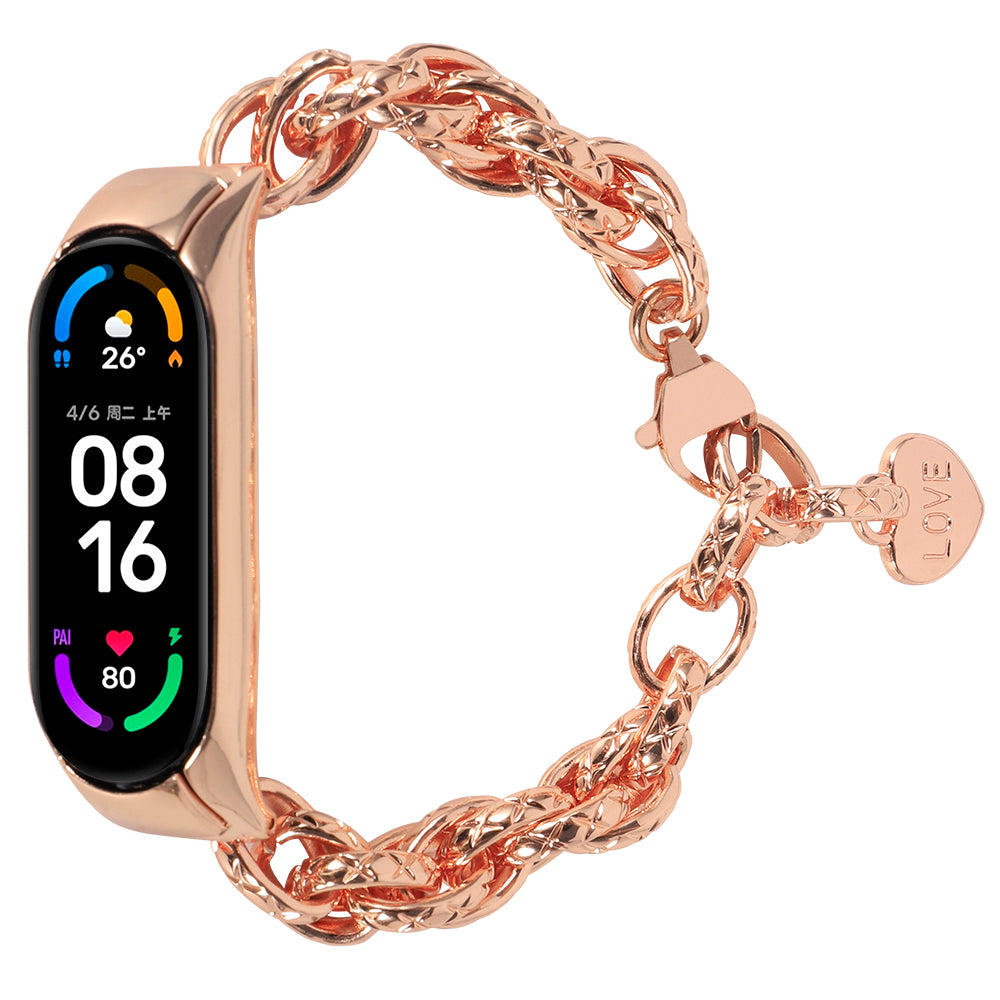 For Xiaomi Mi Band 5/Mi Band 6 Stainless Steel Heart-shaped Pendant Wrist Bracelet Watch Band Replacement Strap - Rose Gold - UNIQBUY