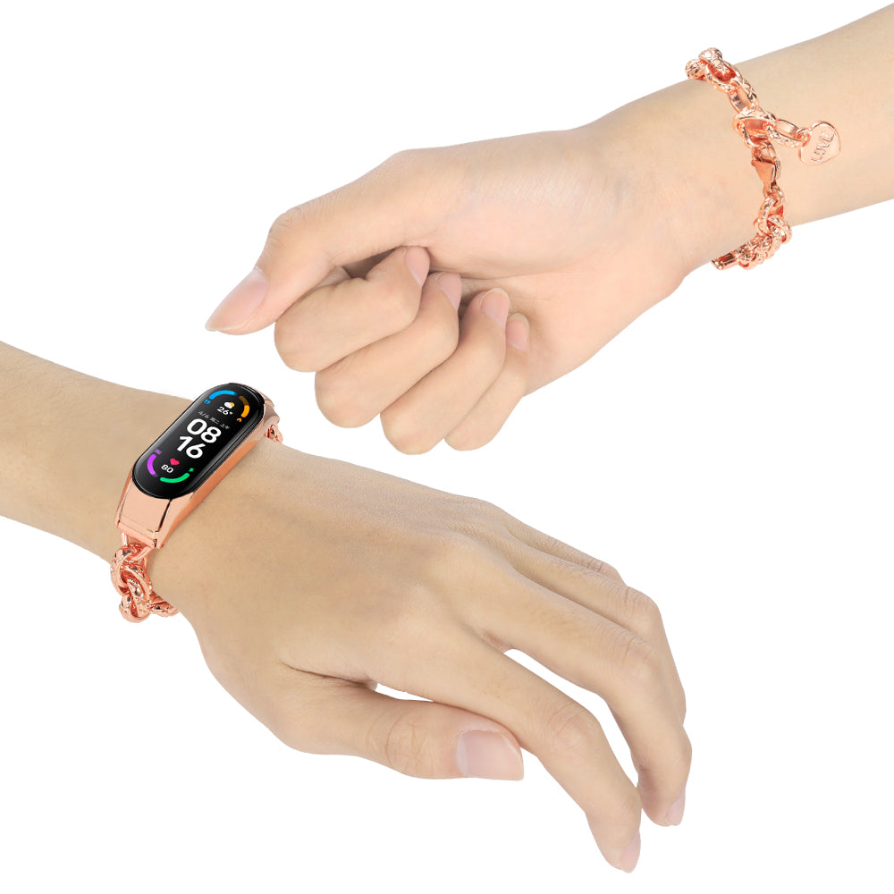 For Xiaomi Mi Band 5/Mi Band 6 Stainless Steel Heart-shaped Pendant Wrist Bracelet Watch Band Replacement Strap - Rose Gold - UNIQBUY