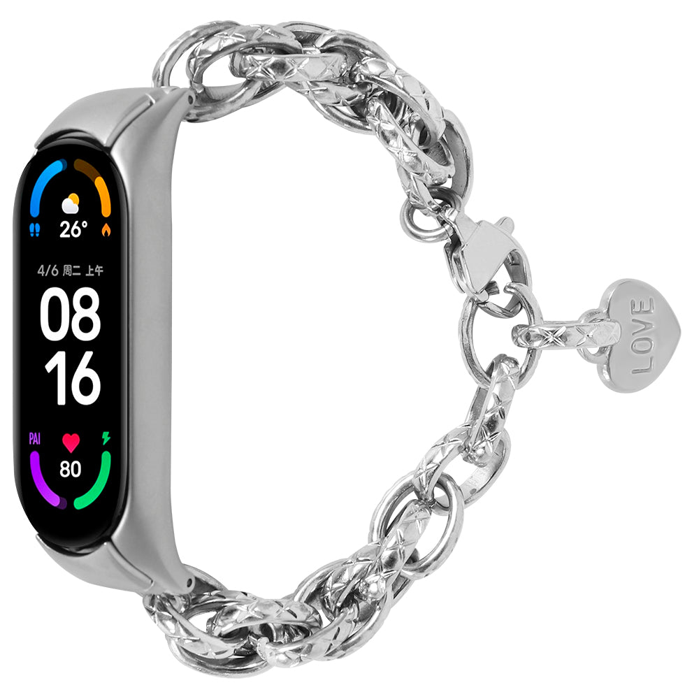 For Xiaomi Mi Band 5/Mi Band 6 Stainless Steel Heart-shaped Pendant Wrist Bracelet Watch Band Replacement Strap - Silver - UNIQBUY