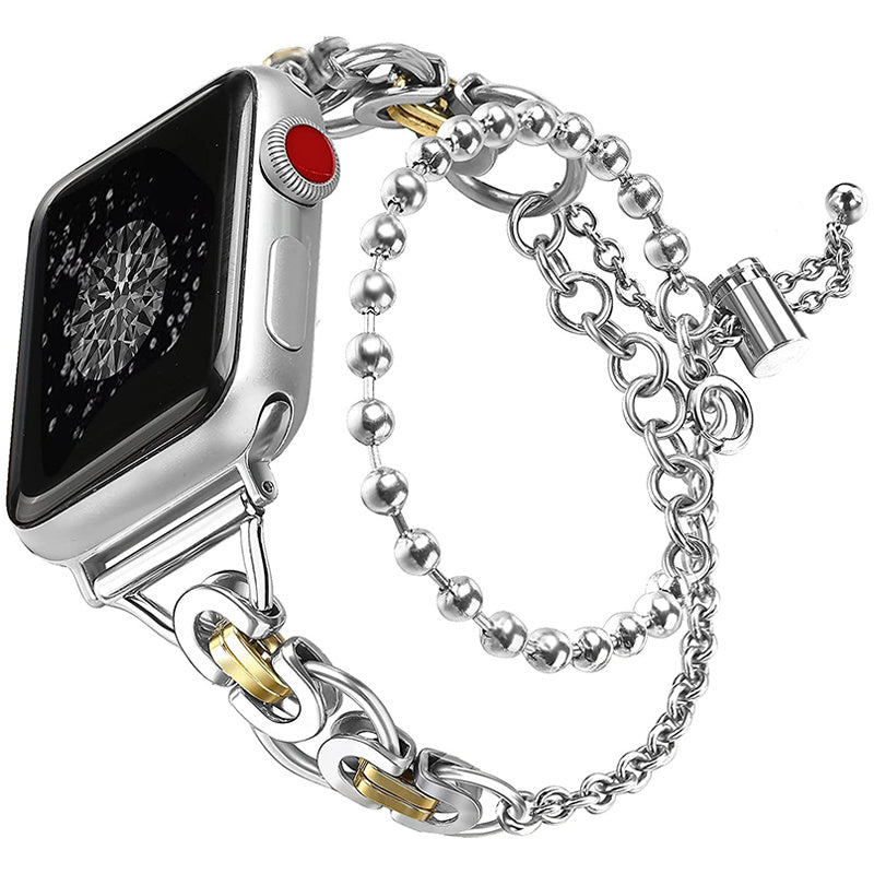 For Apple Watch Ultra 49mm / Series 8 45mm / 7 45mm / 4 / 5 / 6 / SE 44mm / SE (2022) 44mm / 1 / 2 / 3 42mm Watch Band Adjustable Stretch Jewelry Wristband Stainless Steel Watch Strap for Women Girls - Silver / Gold - UNIQBUY