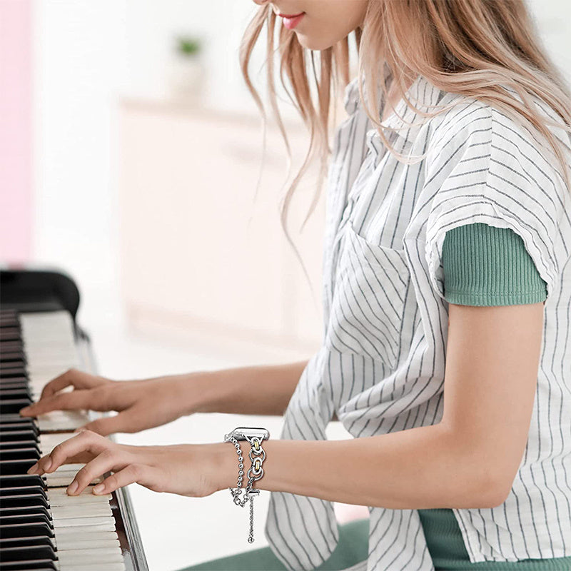 For Apple Watch Ultra 49mm / Series 8 45mm / 7 45mm / 4 / 5 / 6 / SE 44mm / SE (2022) 44mm / 1 / 2 / 3 42mm Watch Band Adjustable Stretch Jewelry Wristband Stainless Steel Watch Strap for Women Girls - Silver / Gold - UNIQBUY