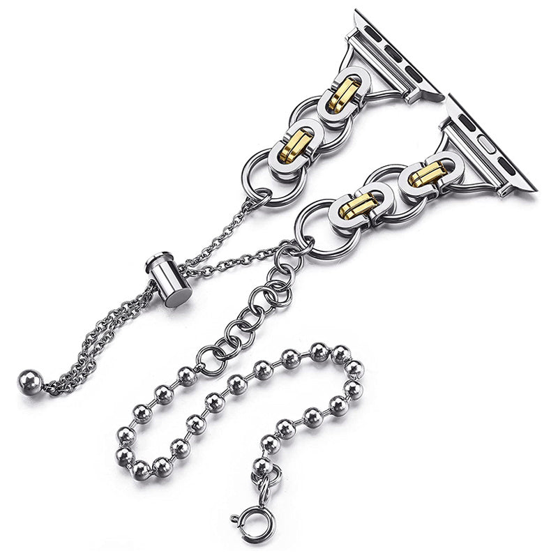 For Apple Watch Ultra 49mm / Series 8 45mm / 7 45mm / 4 / 5 / 6 / SE 44mm / SE (2022) 44mm / 1 / 2 / 3 42mm Watch Band Adjustable Stretch Jewelry Wristband Stainless Steel Watch Strap for Women Girls - Silver / Gold - UNIQBUY