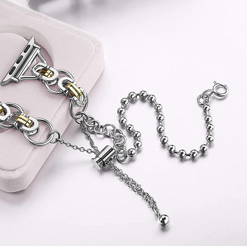 For Apple Watch Ultra 49mm / Series 8 45mm / 7 45mm / 4 / 5 / 6 / SE 44mm / SE (2022) 44mm / 1 / 2 / 3 42mm Watch Band Adjustable Stretch Jewelry Wristband Stainless Steel Watch Strap for Women Girls - Silver / Gold - UNIQBUY