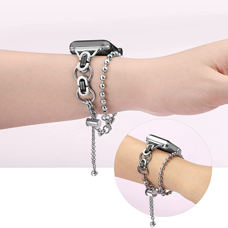 For Apple Watch Ultra 49mm / Series 8 45mm / 7 45mm / 4 / 5 / 6 / SE 44mm / SE (2022) 44mm / 1 / 2 / 3 42mm Watch Band Adjustable Stretch Jewelry Wristband Stainless Steel Watch Strap for Women Girls - Silver / Black - UNIQBUY
