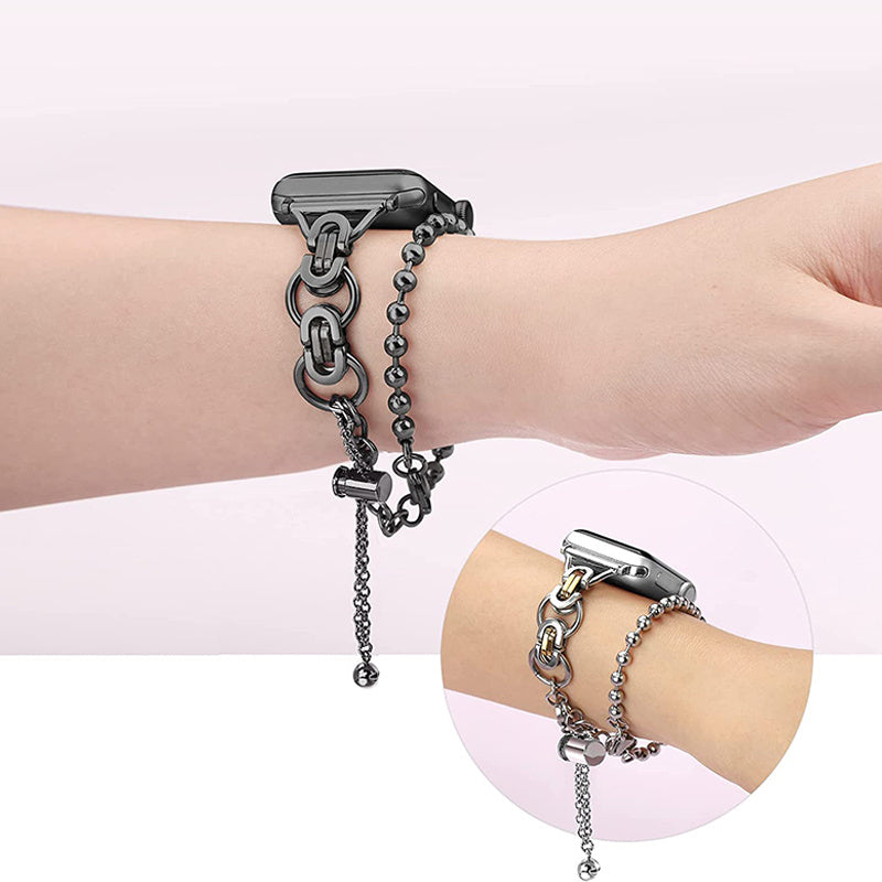For Apple Watch Ultra 49mm / Series 8 45mm / 7 45mm / 4 / 5 / 6 / SE 44mm / SE (2022) 44mm / 1 / 2 / 3 42mm Watch Band Adjustable Stretch Jewelry Wristband Stainless Steel Watch Strap for Women Girls - Black - UNIQBUY