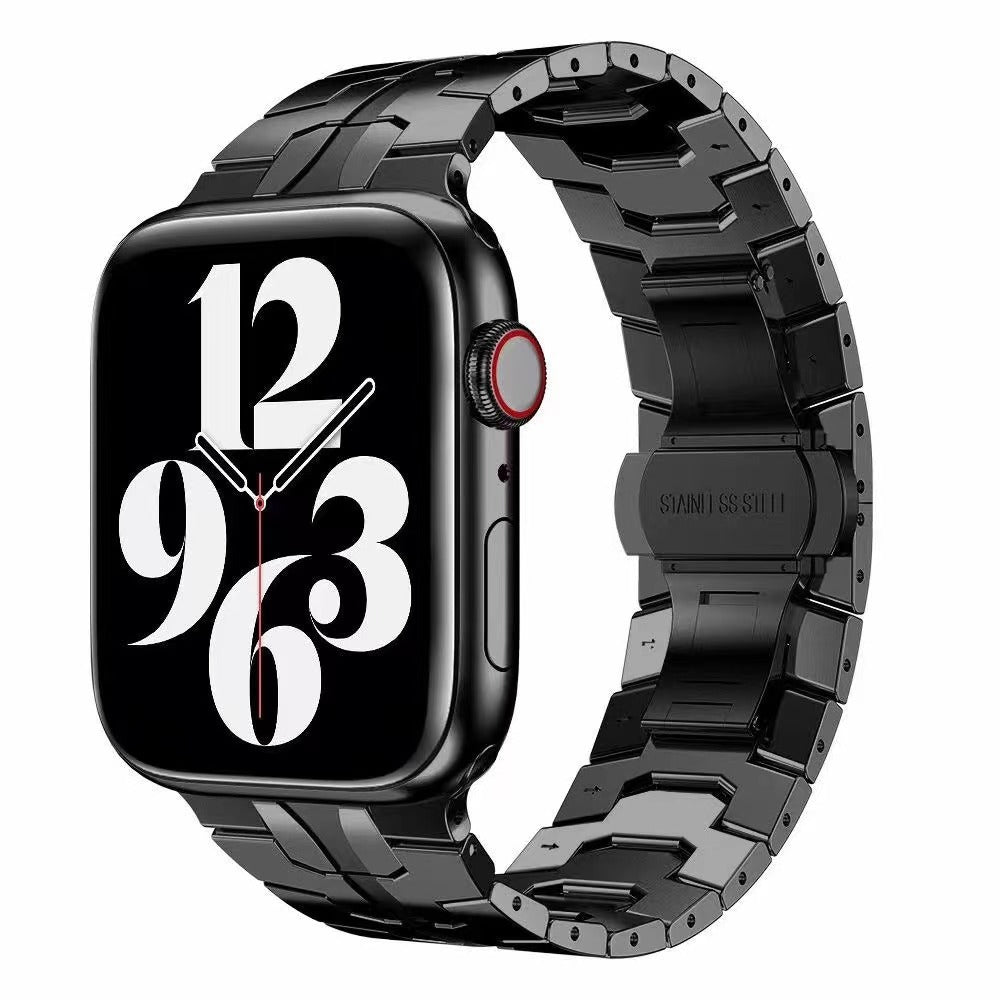 For Apple Watch Ultra 49mm / Series 8 / 7 45mm / Series 6 / 5 / 4 / SE / SE (2022) 44mm / Series 3 / 2 / 1 42mm Stainless Steel Watch Band Replacement Strap with Stylish Buckle - Black - UNIQBUY
