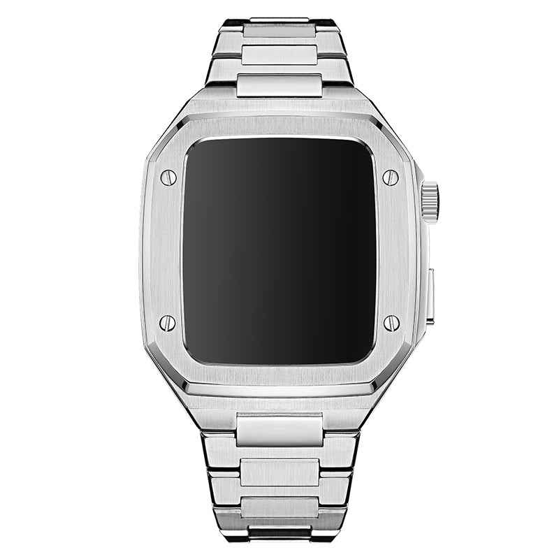 For Apple Watch Series 7 45mm / SE 44mm / SE (2022) 44mm / Series 6 / 5 / 4 44mm / Series 3 / 2 / 1 42mm Stainless Steel Double Foldable Buckle Watch Band Wrist Strap with Protective Case - Silver