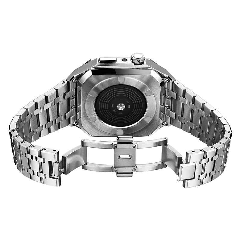 For Apple Watch Series 7 45mm / SE 44mm / SE (2022) 44mm / Series 6 / 5 / 4 44mm / Series 3 / 2 / 1 42mm Stainless Steel Double Foldable Buckle Watch Band Wrist Strap with Protective Case - Silver