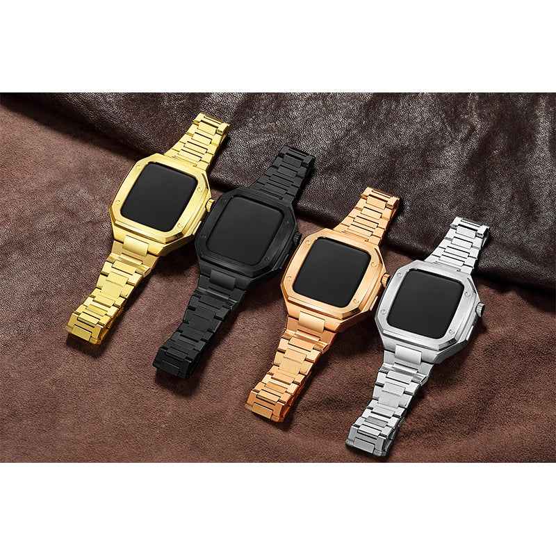 For Apple Watch Series 7 45mm / SE 44mm / SE (2022) 44mm / Series 6 / 5 / 4 44mm / Series 3 / 2 / 1 42mm Stainless Steel Double Foldable Buckle Watch Band Wrist Strap with Protective Case - Silver
