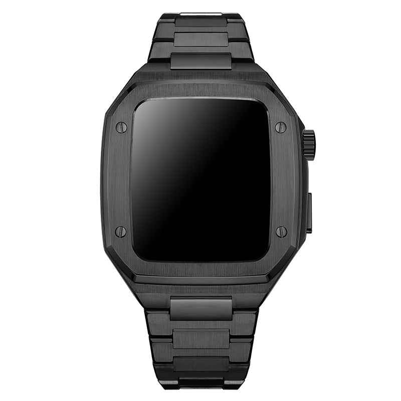 For Apple Watch Series 7 45mm / SE 44mm / SE (2022) 44mm / Series 6 / 5 / 4 44mm / Series 3 / 2 / 1 42mm Stainless Steel Double Foldable Buckle Watch Band Wrist Strap with Protective Case - Black
