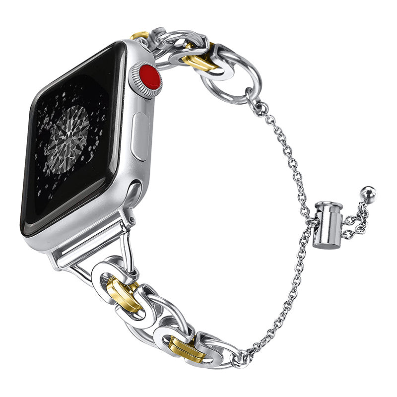 For Apple Watch Series 1 / 2 / 3 42mm / SE 44mm / SE (2022) 44mm / Series 4 / 5 / 6 44mm / Series 7 45mm / Series 8 45mm Stylish Hollow Out Smart Watch Band Stainless Steel Bracelet - Silver and Gold - UNIQBUY