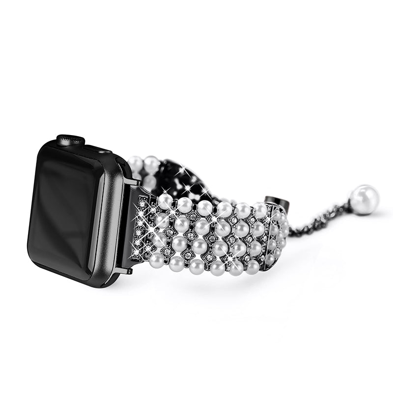 For Apple Watch Ultra 49mm / Series 8 45mm / 7 45mm / SE / SE (2022) 44mm / 4 / 5 / 6 44mm / 3 / 2 / 1 42mm Stylish Pearls Rhinestone Decor Bracelet Metal Watch Band Wrist Strap - Black - UNIQBUY