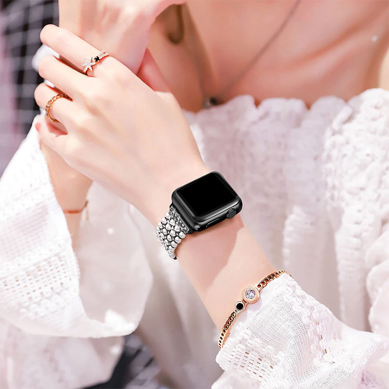 For Apple Watch Ultra 49mm / Series 8 45mm / 7 45mm / SE / SE (2022) 44mm / 4 / 5 / 6 44mm / 3 / 2 / 1 42mm Stylish Pearls Rhinestone Decor Bracelet Metal Watch Band Wrist Strap - Black - UNIQBUY