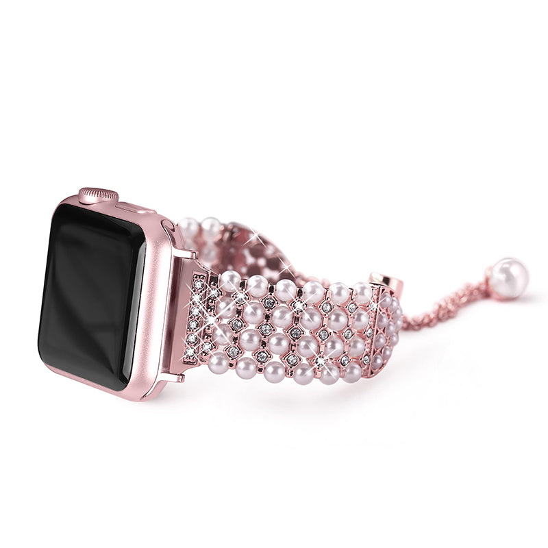 For Apple Watch Ultra 49mm / Series 8 45mm / 7 45mm / SE / SE (2022) 44mm / 4 / 5 / 6 44mm / 3 / 2 / 1 42mm Stylish Pearls Rhinestone Decor Bracelet Metal Watch Band Wrist Strap - Rose Pink - UNIQBUY