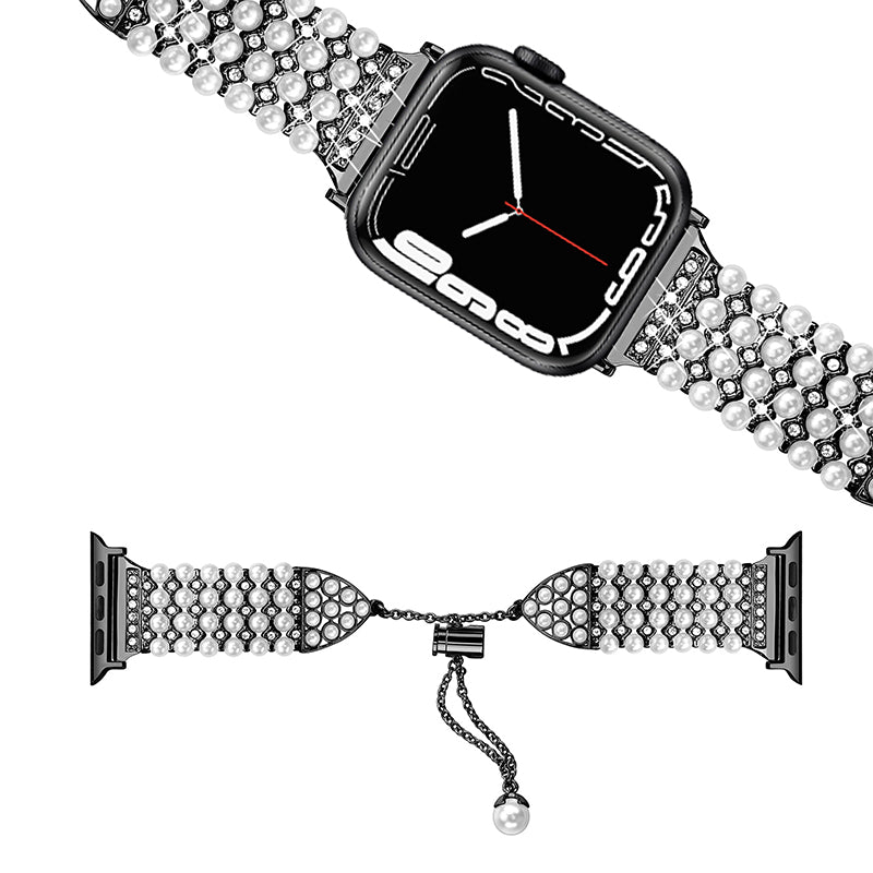 For Apple Watch Series 8 41mm / Series 7 41mm / SE / 4 / 5 / 6 40mm / 3 / 2 / 1 38mm Fashionable Pearls Rhinestone Decor Bracelet Metal Watch Band Replacement Wrist Strap - Black - UNIQBUY