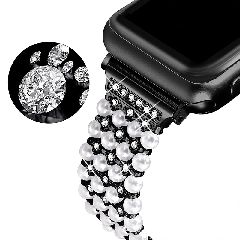 For Apple Watch Series 8 41mm / Series 7 41mm / SE / 4 / 5 / 6 40mm / 3 / 2 / 1 38mm Fashionable Pearls Rhinestone Decor Bracelet Metal Watch Band Replacement Wrist Strap - Black - UNIQBUY