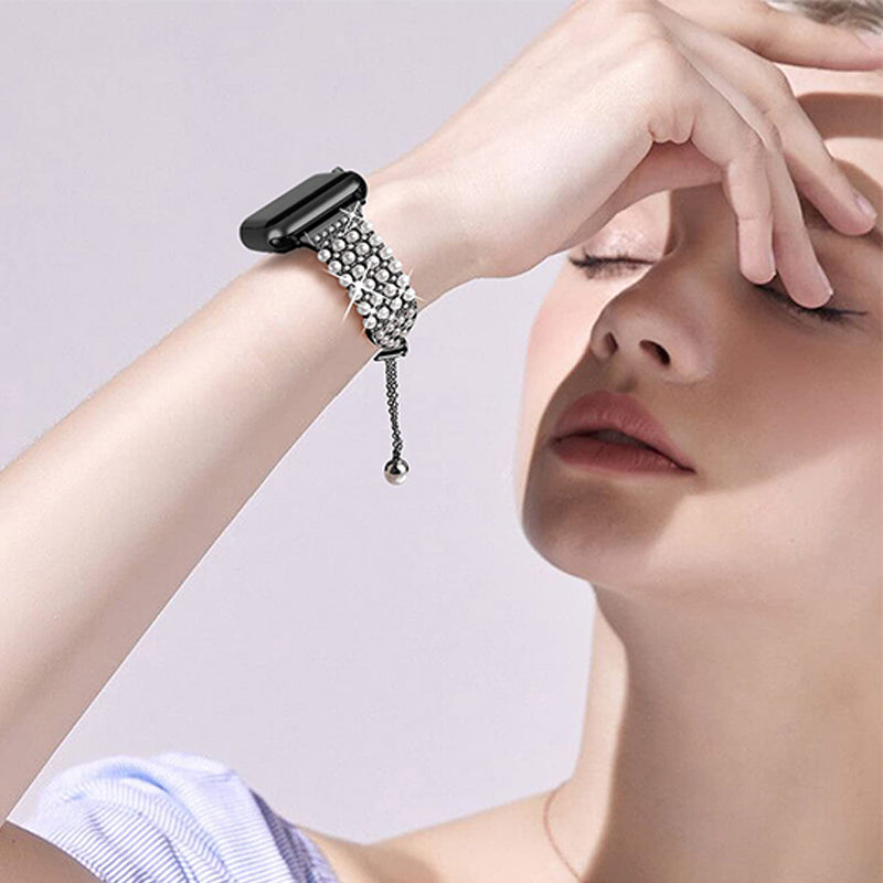 For Apple Watch Series 8 41mm / Series 7 41mm / SE / 4 / 5 / 6 40mm / 3 / 2 / 1 38mm Fashionable Pearls Rhinestone Decor Bracelet Metal Watch Band Replacement Wrist Strap - Black - UNIQBUY