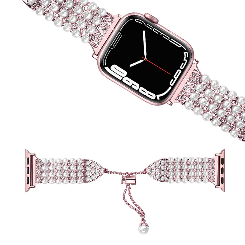For Apple Watch Series 8 41mm / Series 7 41mm / SE / 4 / 5 / 6 40mm / 3 / 2 / 1 38mm Fashionable Pearls Rhinestone Decor Bracelet Metal Watch Band Replacement Wrist Strap - Rose Gold - UNIQBUY
