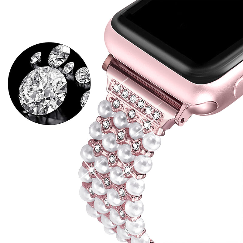 For Apple Watch Series 8 41mm / Series 7 41mm / SE / 4 / 5 / 6 40mm / 3 / 2 / 1 38mm Fashionable Pearls Rhinestone Decor Bracelet Metal Watch Band Replacement Wrist Strap - Rose Gold - UNIQBUY