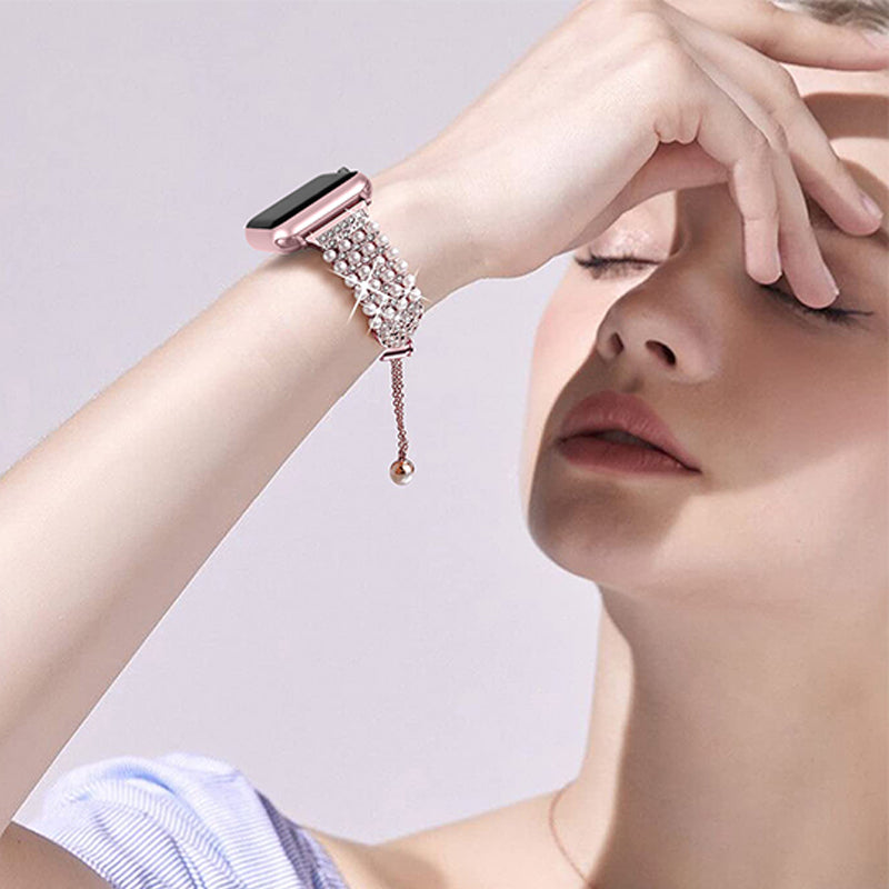 For Apple Watch Series 8 41mm / Series 7 41mm / SE / 4 / 5 / 6 40mm / 3 / 2 / 1 38mm Fashionable Pearls Rhinestone Decor Bracelet Metal Watch Band Replacement Wrist Strap - Rose Gold - UNIQBUY