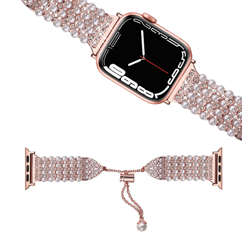 For Apple Watch Series 8 41mm / Series 7 41mm / SE / 4 / 5 / 6 40mm / 3 / 2 / 1 38mm Fashionable Pearls Rhinestone Decor Bracelet Metal Watch Band Replacement Wrist Strap - Rose Pink - UNIQBUY