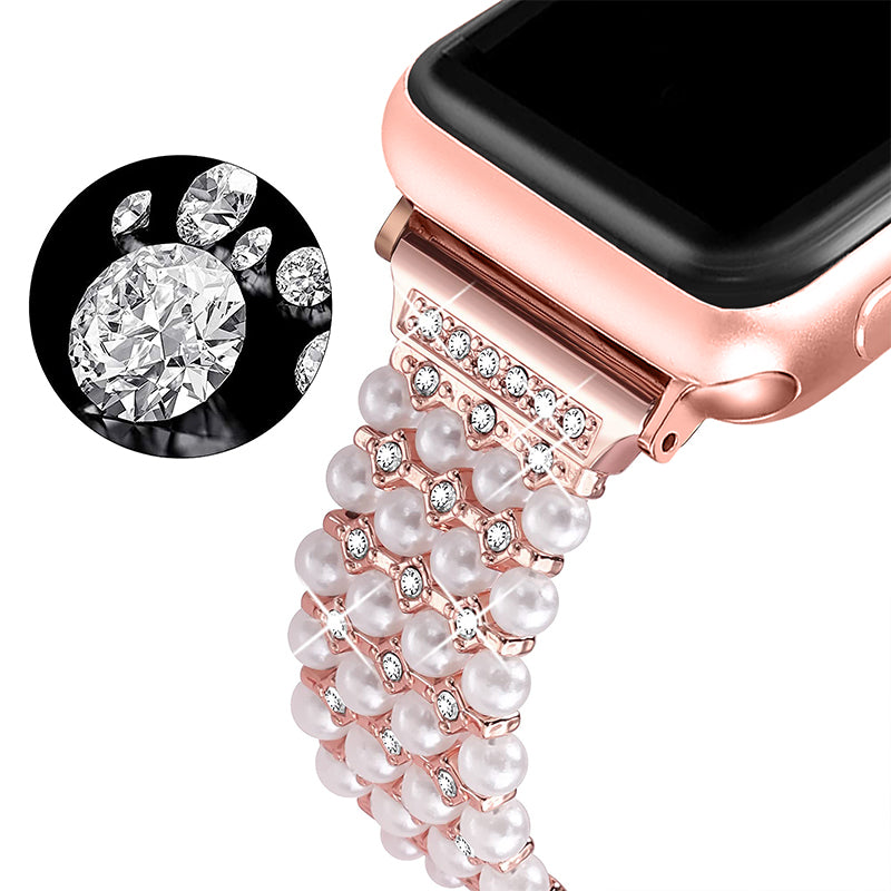 For Apple Watch Series 8 41mm / Series 7 41mm / SE / 4 / 5 / 6 40mm / 3 / 2 / 1 38mm Fashionable Pearls Rhinestone Decor Bracelet Metal Watch Band Replacement Wrist Strap - Rose Pink - UNIQBUY