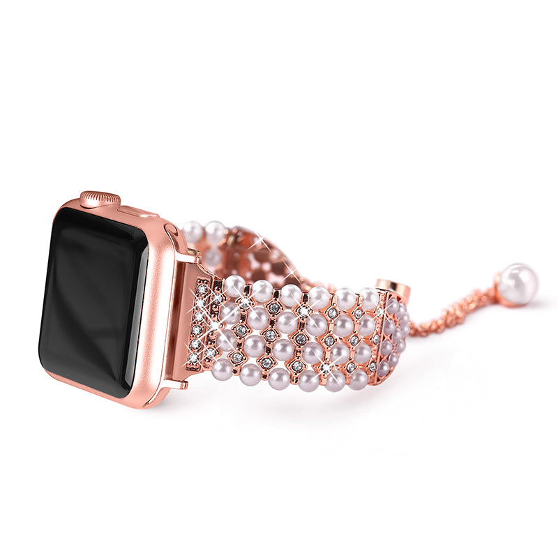 For Apple Watch Series 8 41mm / Series 7 41mm / SE / 4 / 5 / 6 40mm / 3 / 2 / 1 38mm Fashionable Pearls Rhinestone Decor Bracelet Metal Watch Band Replacement Wrist Strap - Rose Pink - UNIQBUY