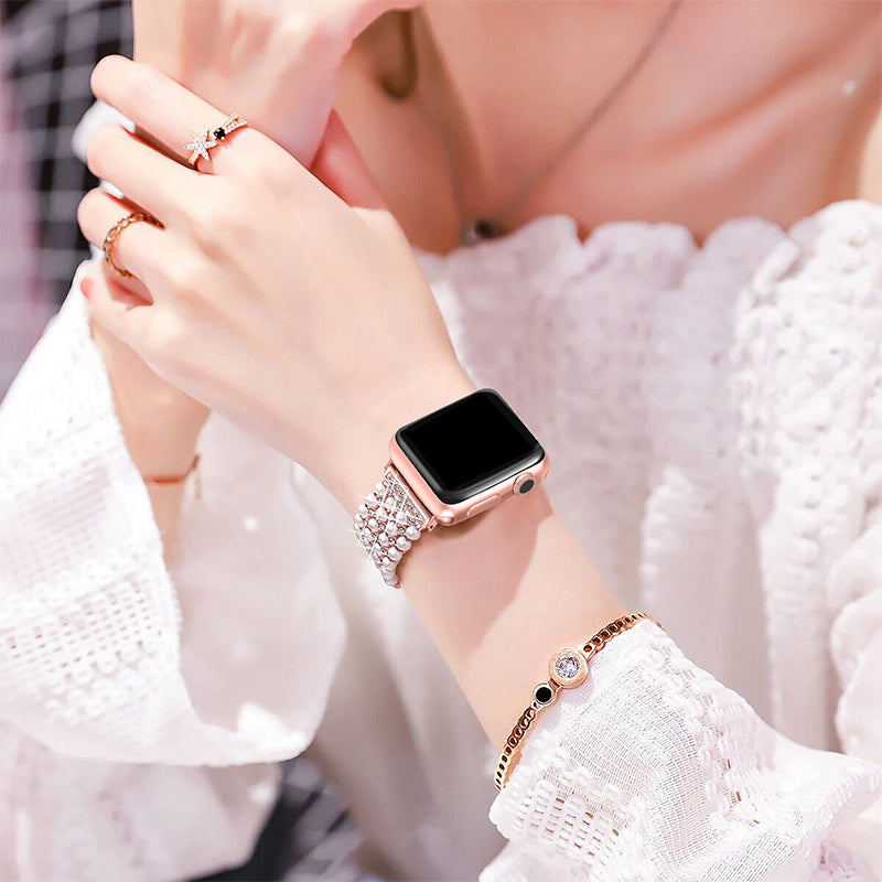 For Apple Watch Series 8 41mm / Series 7 41mm / SE / 4 / 5 / 6 40mm / 3 / 2 / 1 38mm Fashionable Pearls Rhinestone Decor Bracelet Metal Watch Band Replacement Wrist Strap - Rose Pink - UNIQBUY