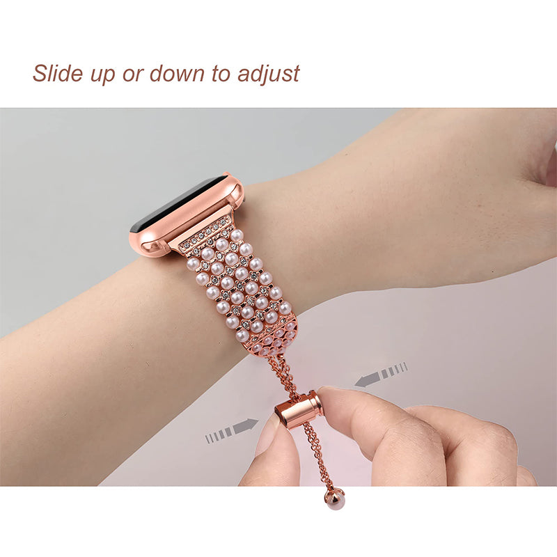 For Apple Watch Series 8 41mm / Series 7 41mm / SE / 4 / 5 / 6 40mm / 3 / 2 / 1 38mm Fashionable Pearls Rhinestone Decor Bracelet Metal Watch Band Replacement Wrist Strap - Rose Pink - UNIQBUY