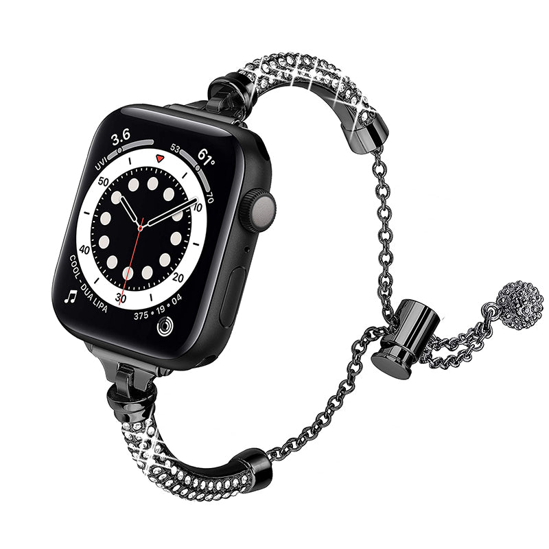 For Apple Watch Ultra 49mm / Series 8 45mm / 7 45mm / SE / SE (2022) 44mm / 4 / 5 / 6 44mm / 3 / 2 / 1 42mm Rhinestone Decor Bracelet Metal Watch Band Wrist Strap Replacement - Black - UNIQBUY