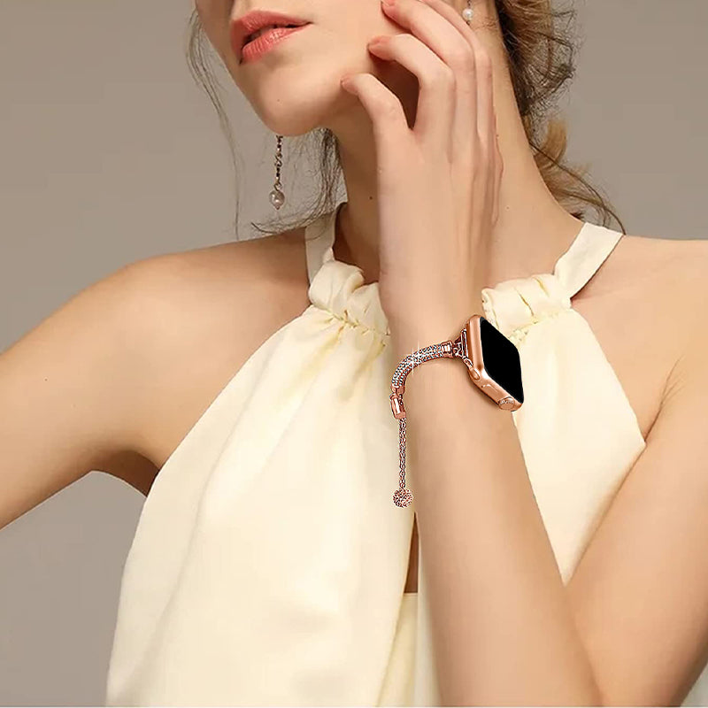 For Apple Watch Ultra 49mm / Series 8 45mm / 7 45mm / SE / SE (2022) 44mm / 4 / 5 / 6 44mm / 3 / 2 / 1 42mm Rhinestone Decor Bracelet Metal Watch Band Wrist Strap Replacement - Rose Gold - UNIQBUY