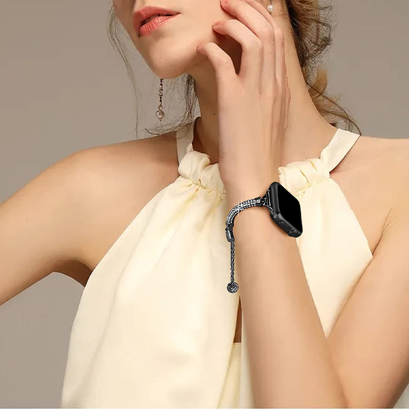 For Apple Watch Series 8 41mm / Series 7 41mm / SE / 4 / 5 / 6 40mm / 3 / 2 / 1 38mm Stylish Bracelet Rhinestone Decor Metal Watch Band Wrist Strap Replacement - Black - UNIQBUY